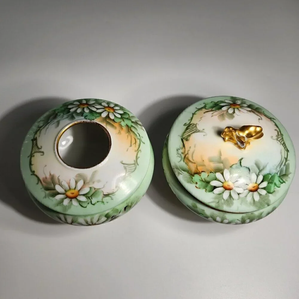 Antique Austrian Birn Porcelain Daisy Decor Vanity Set Receiver and Powder Dish